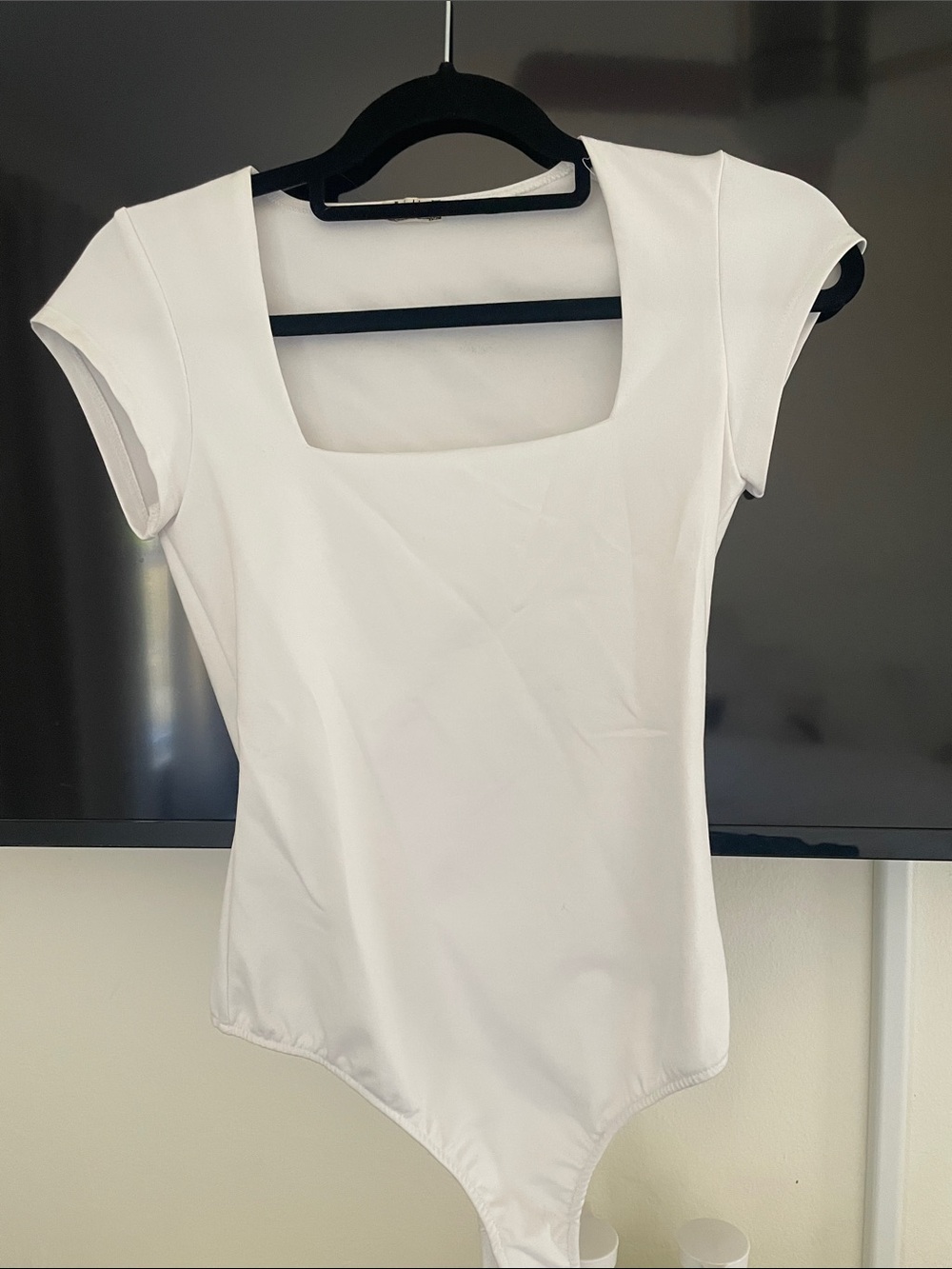 Free People White Short Sleeve Square Neck Bodysuit